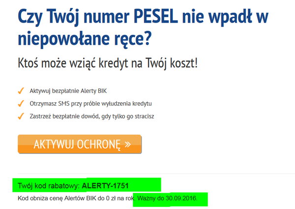 BIK w związku z aferą PESEL-ową udostępnia alerty za darmo. Źr. www.bik.pl kontrola-pesel-promocja-alerty-sms-bik