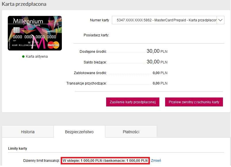 karta prepaid millenium limity