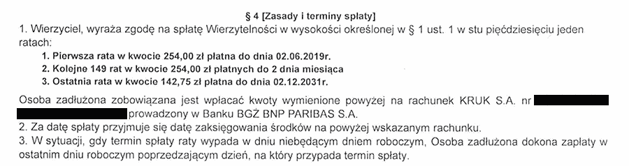 zdj.1 Fragment ugody - zadłużenie rozłożone na raty Układ ratalny z firmą KRUK